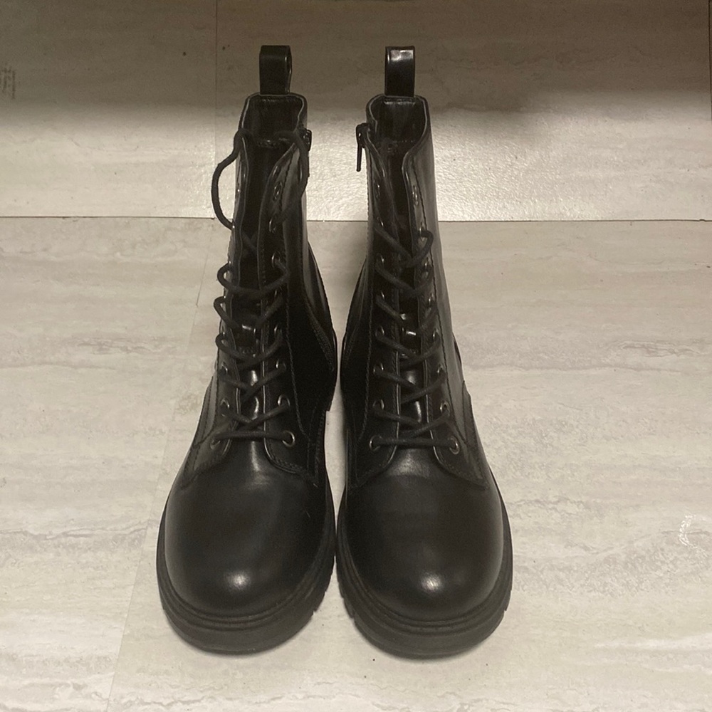 Worn twice faux-leather, lace-up combat-type boot by So in women’s size 10